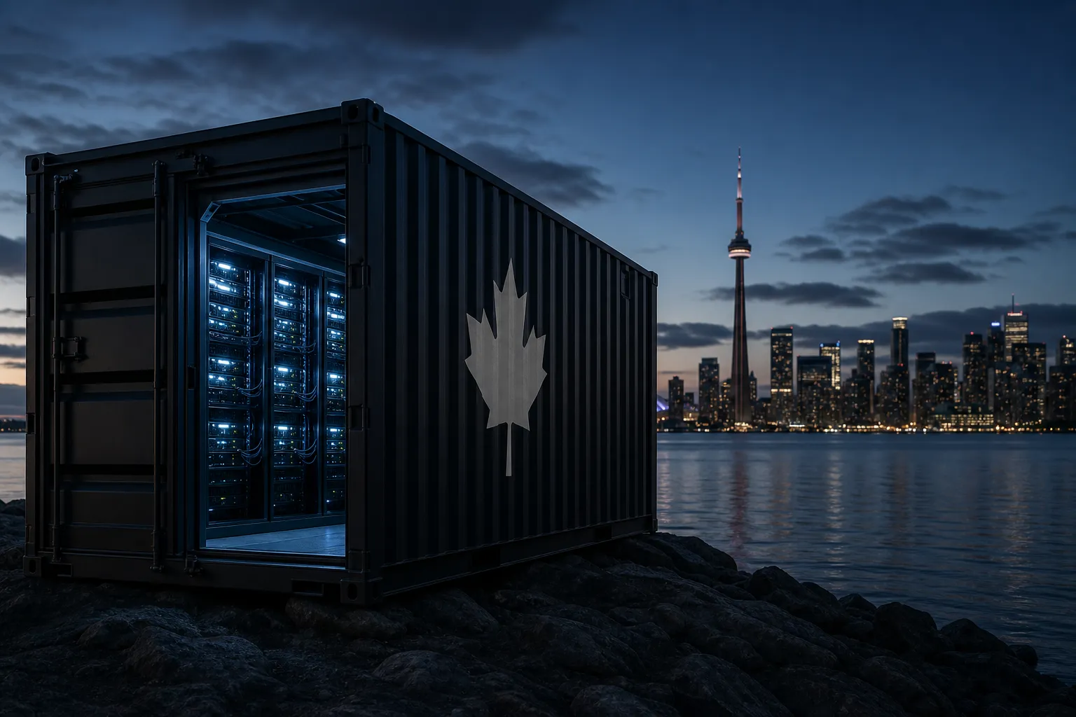 Canadian compute infrastructure at dusk — a modular data container with Toronto on the horizon
